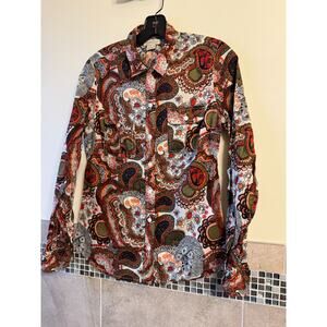 Lucky Brand Red Green Cotton Batik Long Sleeve Camp Shirt SZ S NWOT